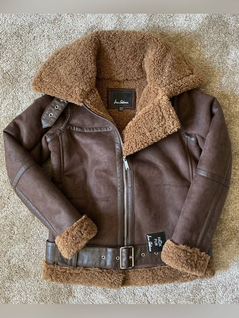 Sam Edelman Faux Shearling Aviator Jacket Brown XXS 34” Bust NWT